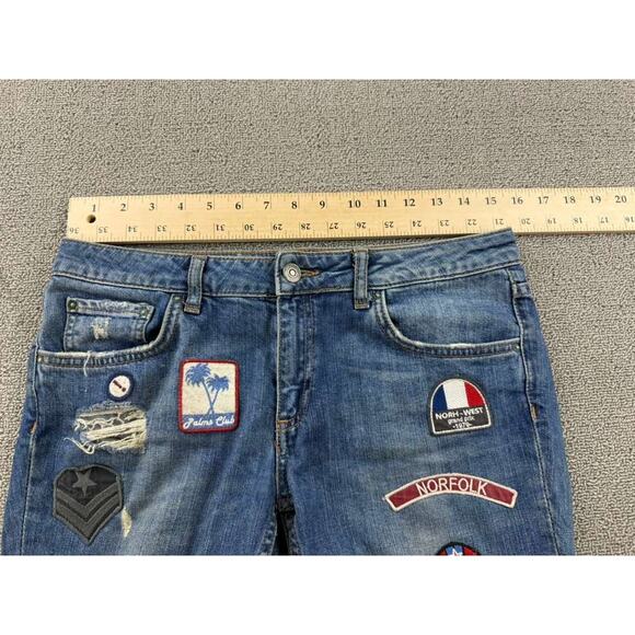Zara Premium Jeans Women 6 Boyfriend Slim Fit Embroidered Patches Distressed - Picture 4 of 11